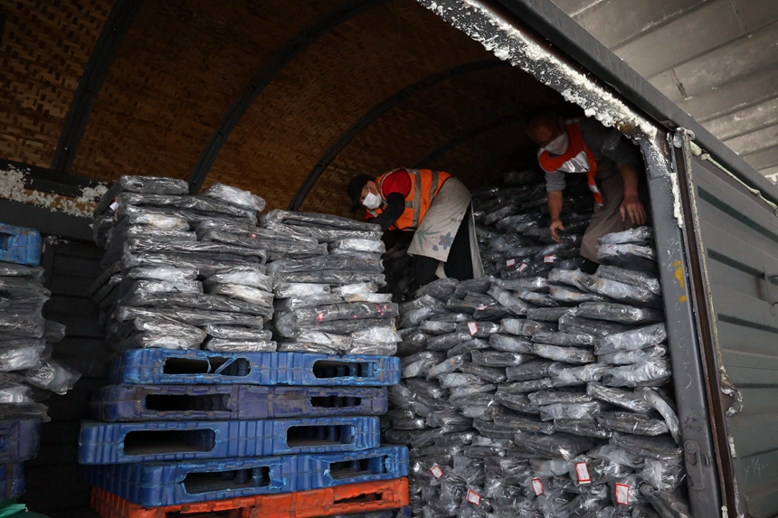 中國鐵路南昌局集團有限公司福州車務段福州東站裝卸工正在對海帶進行裝車，王勇富攝