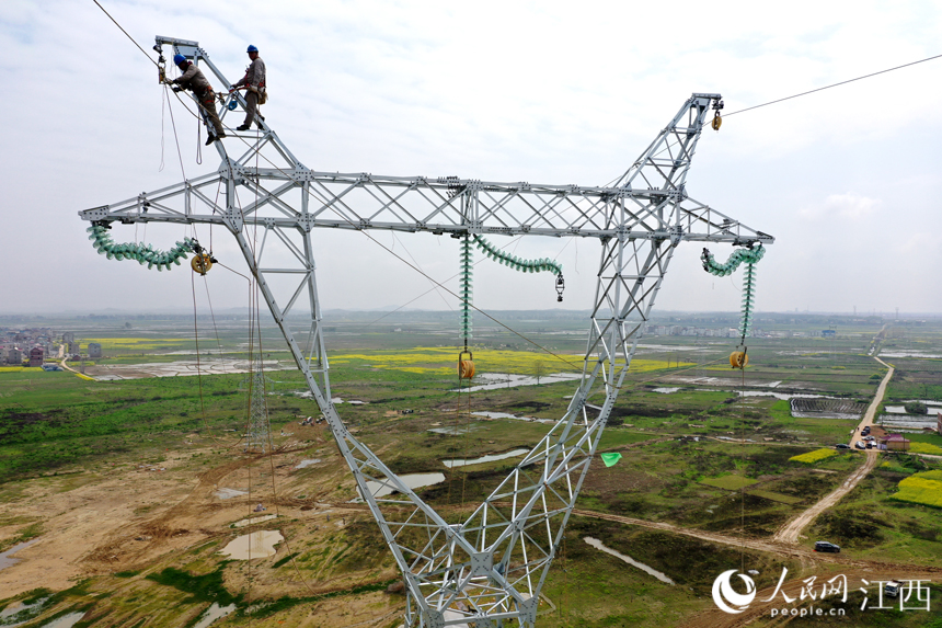 電網工作人員正在塔頂進行牽線作業。人民網 時雨攝