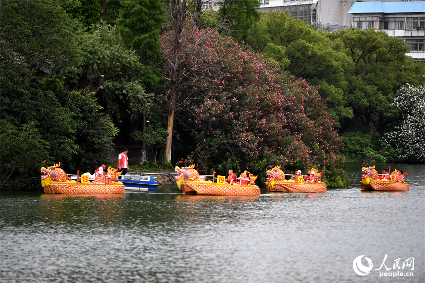 南昌市東湖區百花洲東湖正在舉行親子龍舟賽。 人民網記者 時雨攝