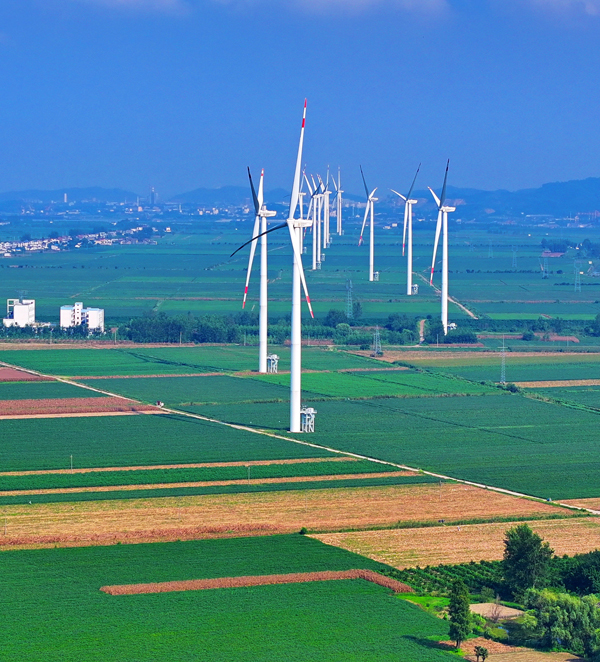 九江市柴桑區江洲風電場，48臺風力發電機組迎風旋轉。人民網 朱海鵬攝