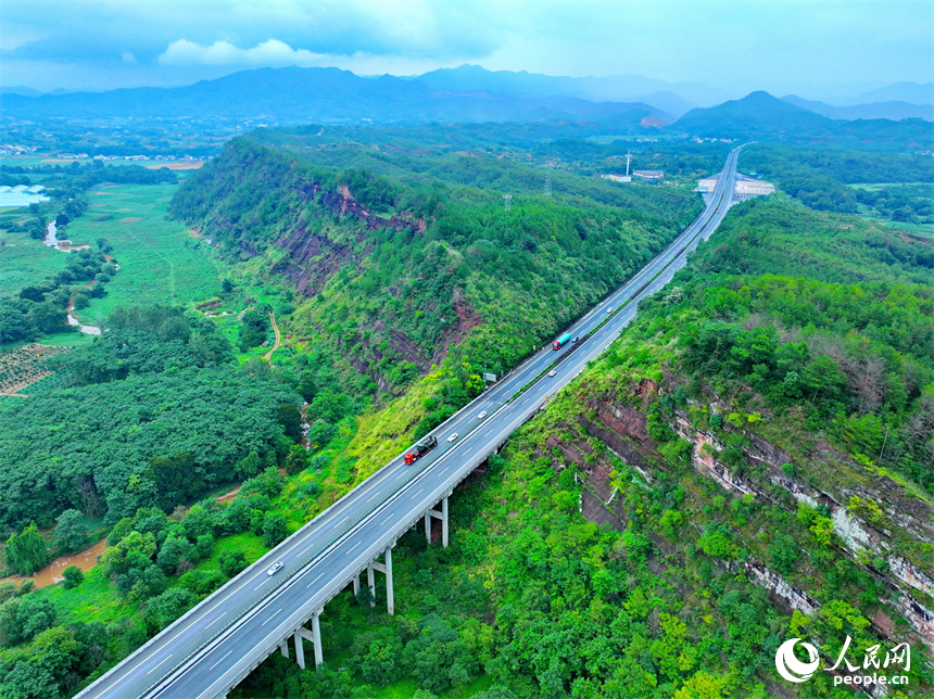 近日，江西省瑞金市葉坪鎮云集村，廈蓉高速公路上車輛往來穿梭。人民網 朱海鵬攝