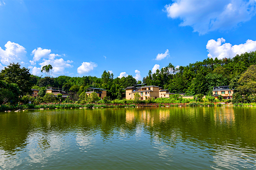 航拍下的黃砂口村，在藍天白云的映襯下美不勝收。詹繼成攝
