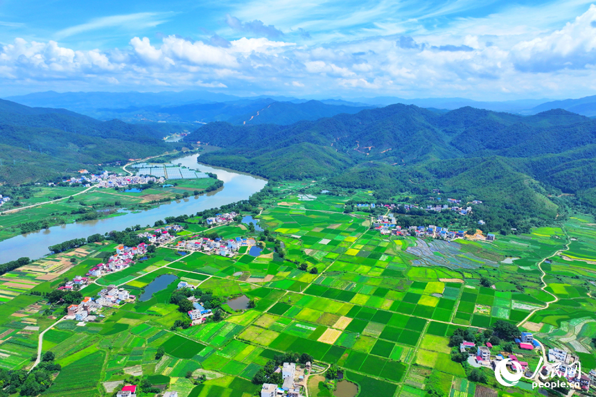 航拍信豐縣西牛鎮東甫村，宛如一幅秋季美麗鄉村畫卷。人民網 朱海鵬攝