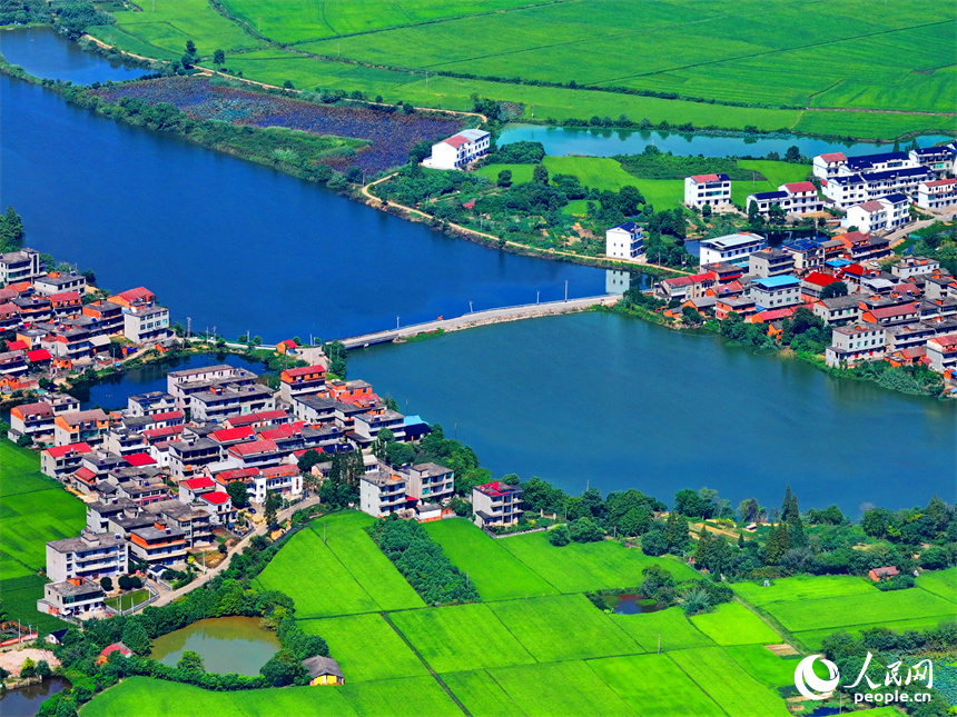 航拍江西省南昌市南昌縣富山鄉灘上村，鱗次櫛比的農房與濕地、田園相映成趣。人民網 朱海鵬攝