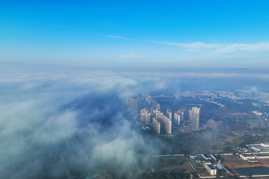 冬日的共青城云霧彌漫，云煙氤氳。潘成攝
