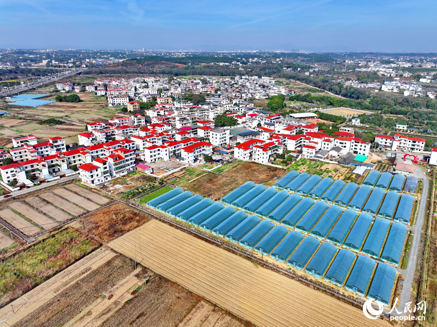 空中俯瞰贛州市南康區鏡壩鎮，農房鱗次櫛比，山清水秀景色美。人民網 朱海鵬攝