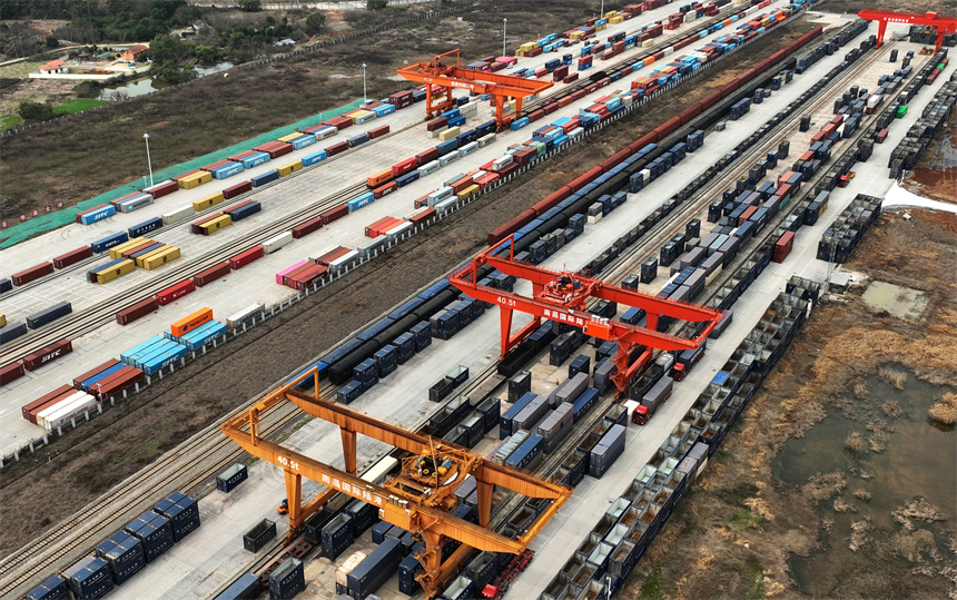 國際陸港內，龍門吊正在吊裝集裝箱，一派繁忙景象。 胡國林攝