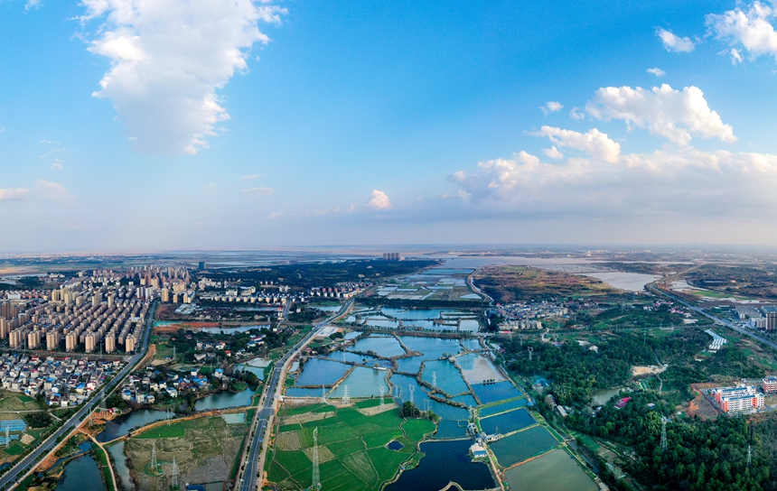 航拍下的共青城市碧波蕩漾、風光綺麗，宛如一幅渾然天成的“山水畫”。潘成攝