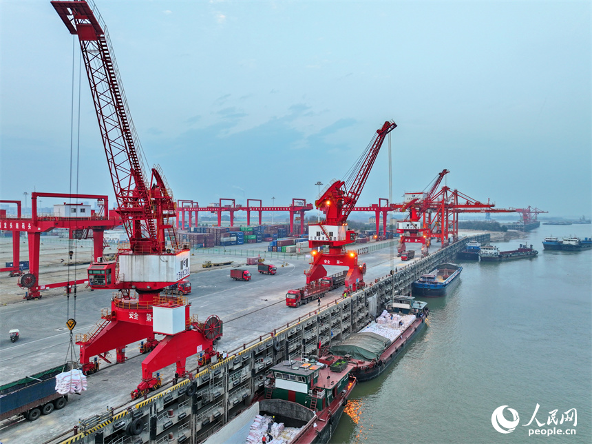 南昌市龍頭崗綜合碼頭，起重機來回裝運化肥，工人在作業一線忙碌。人民網 朱海鵬攝