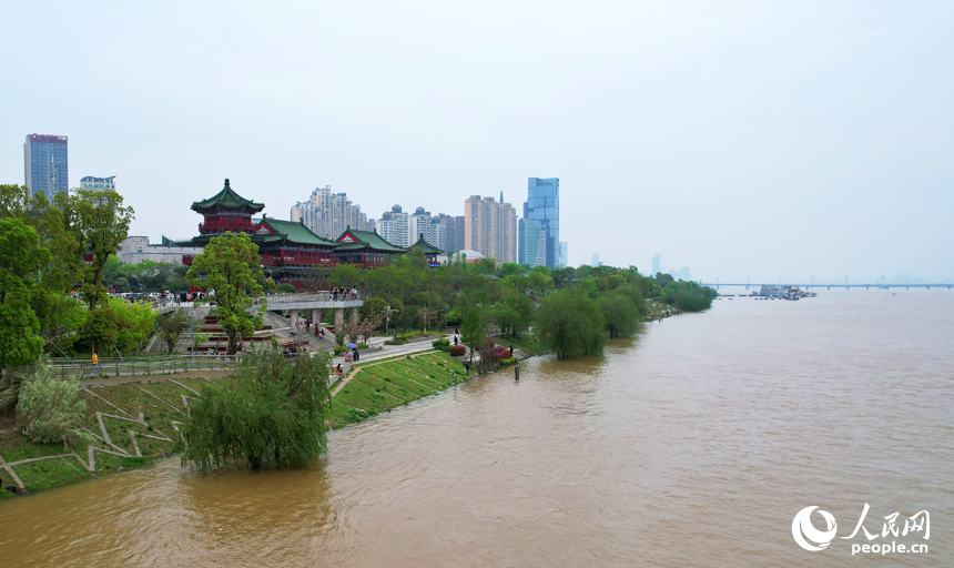 贛江水位持續上漲，部分沿江步道被水淹沒。人民網記者 毛思遠攝