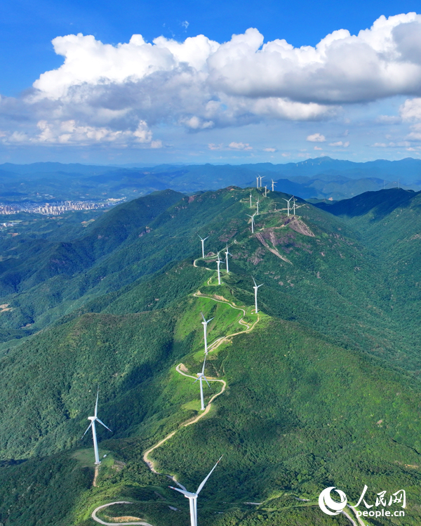 贛州市安遠縣九龍山風力發電場，隨風轉動的發電機組與藍天、白云、綠樹、青山交相輝映。人民網 朱海鵬攝
