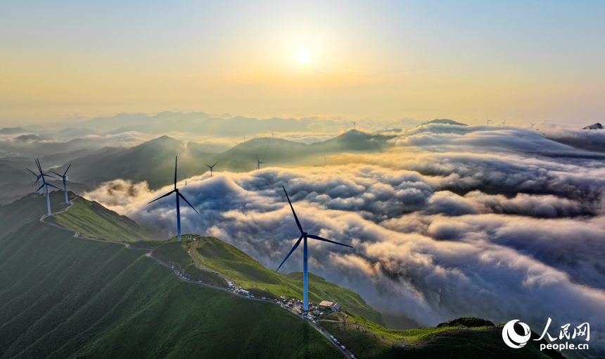 在吉安市遂川縣左溪鎮洋溪村俯瞰雙溪草山，數十臺風力發電機迎風旋轉，與朝霞、云海、青山交相輝映，風景如畫。人民網 朱海鵬攝
