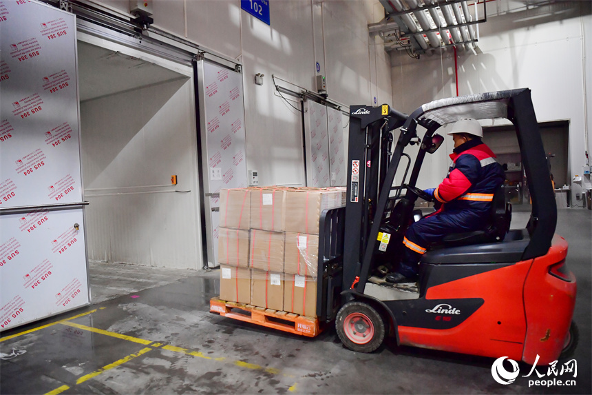 在南昌國家骨干冷鏈物流基地，工人們將冷鏈物流班列的榴蓮卸載入庫。人民網記者 時雨攝