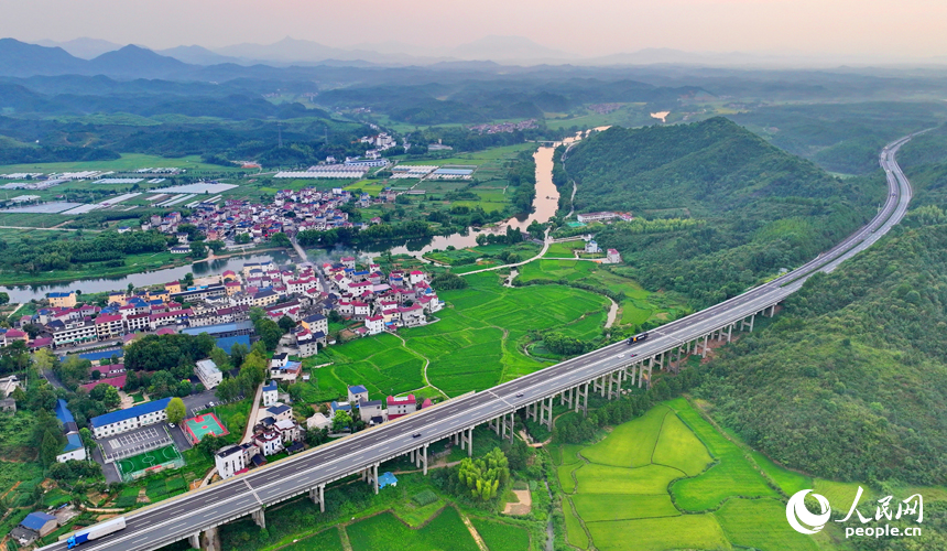 德興市張村鄉界田村，集鎮農房規劃建設有序，高速公路車輛馳騁，與連綿青山、蜿蜒河流、連片稻田相映成景。人民網 朱海鵬攝