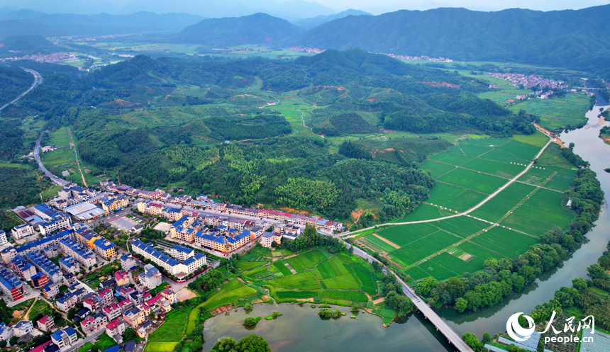 德興市張村鄉界田村，農房規劃建設有序，集鎮街道寬敞整潔，與連綿青山、蜿蜒河流、連片稻田相映成景。人民網 朱海鵬攝