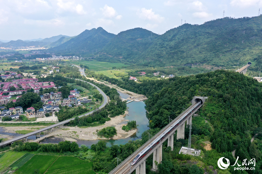 高鐵從德興市大茅山的村莊旁呼嘯而過。人民網記者 時雨攝