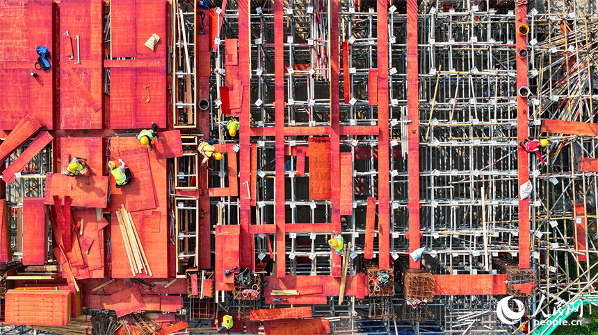 九江市湖口縣的湖口銀砂灣碼頭，大型吊裝設備林立，工人在進行安裝調試作業。人民網 朱海鵬攝