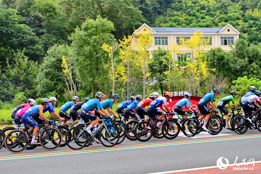 贛州市安遠縣三百山鎮咀下村，環鄱陽湖國際自行車大賽的參賽選手在長達百余公里的“四好農村路”上馳騁。人民網 朱海鵬攝