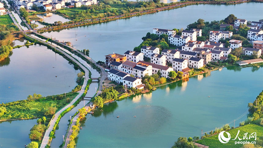 南昌縣富山鄉清湖村，蜿蜒的灌溉水渠與村莊農房、田園綠植相映成趣。人民網 朱海鵬攝