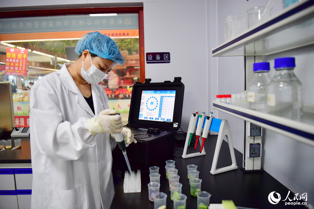 檢驗室內，檢驗人員正在對采樣的蔬菜進行農殘檢測，確保市民們的“餐桌安全”。人民網記者 時雨攝