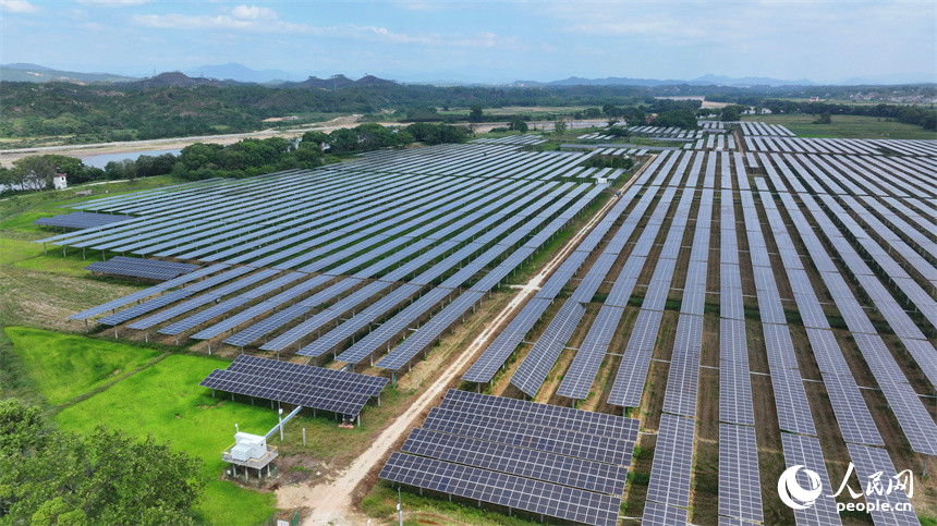 航拍鏡頭下，連片的光伏板在陽光下熠熠生輝。人民網記者羅娜攝