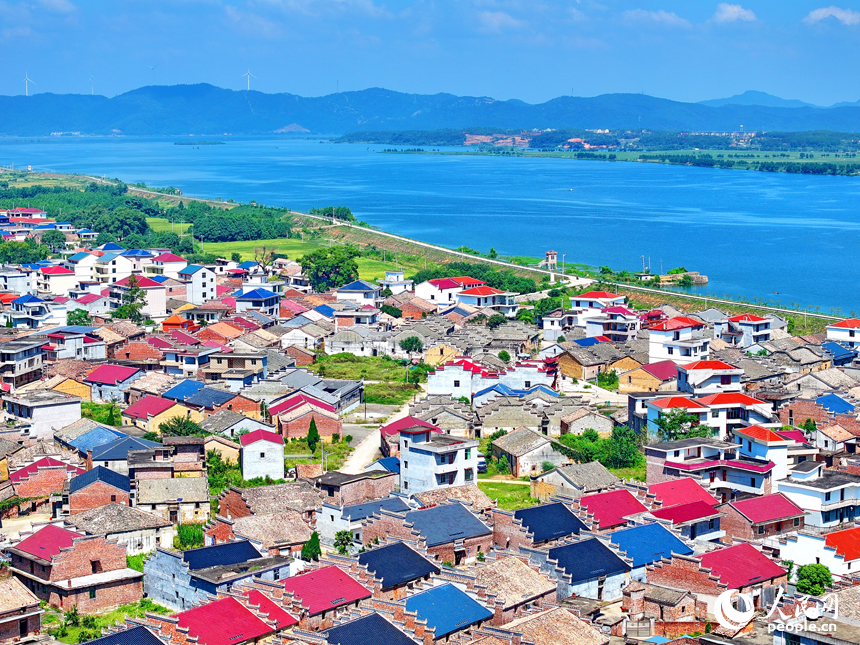 吉安市吉水縣楓江鎮上隴洲村，錯落有致的房屋與河流、綠樹、田野相映成景。人民網 朱海鵬攝