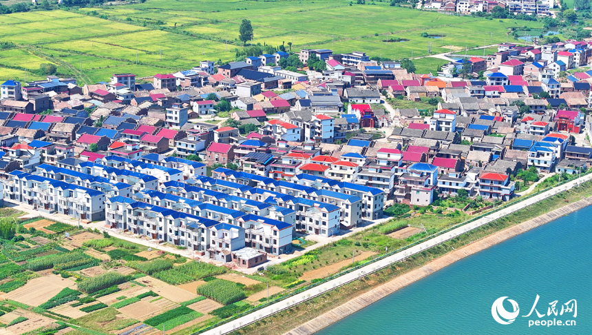 吉安市吉水縣楓江鎮上隴洲村，錯落有致的房屋與河流、綠樹、田野相映成景。人民網 朱海鵬攝
