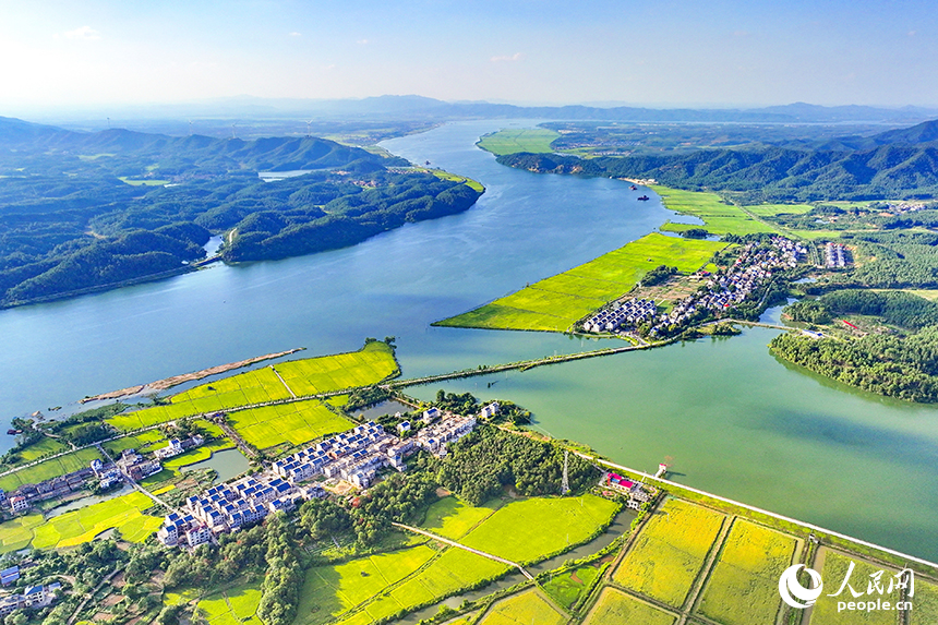 吉安市吉水縣醪橋鎮江口村，錯落有致的民居與青山綠水相映成趣，鄉村美景如畫。人民網 朱海鵬攝