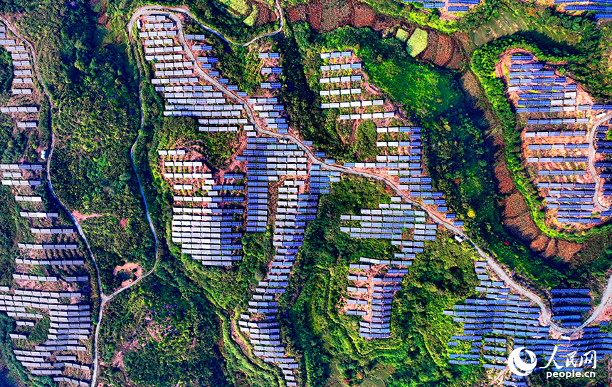撫州市廣昌縣甘竹鎮朝華村的一處光伏發電站，鱗次櫛比的光伏組件分布在荒山坡上。人民網 朱海鵬攝