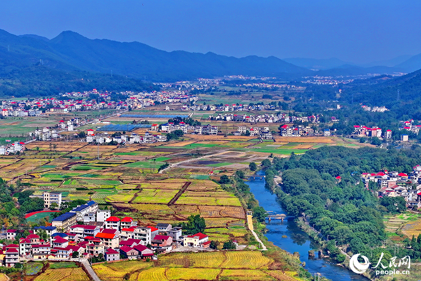 初冬時節的吉安市永新縣龍源口鎮黃陂洲村，綠樹、青山與農房、田野相映相襯。人民網 朱海鵬攝