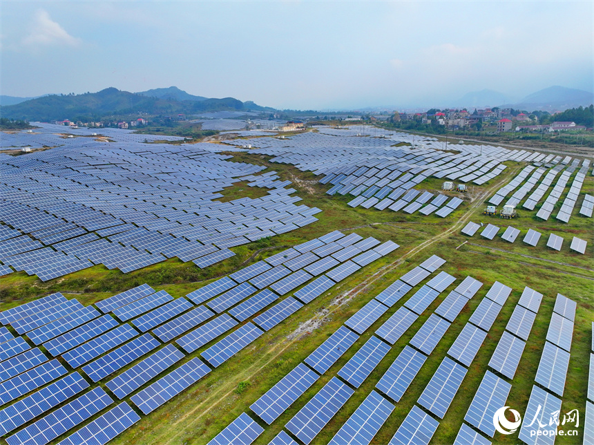 萍鄉市蓮花縣良坊鎮西潭坳50兆瓦光伏電站項目，一排排光伏發電板連片分布。人民網 朱海鵬攝