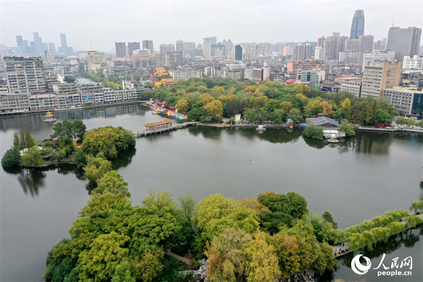 21日拍攝的南昌八一公園水清岸綠，市民和游客正在公園里休閑。人民網記者 時雨攝
