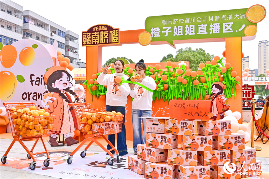 網絡主播在直播間介紹贛南臍橙拓寬售賣渠道。人民網 朱海鵬攝