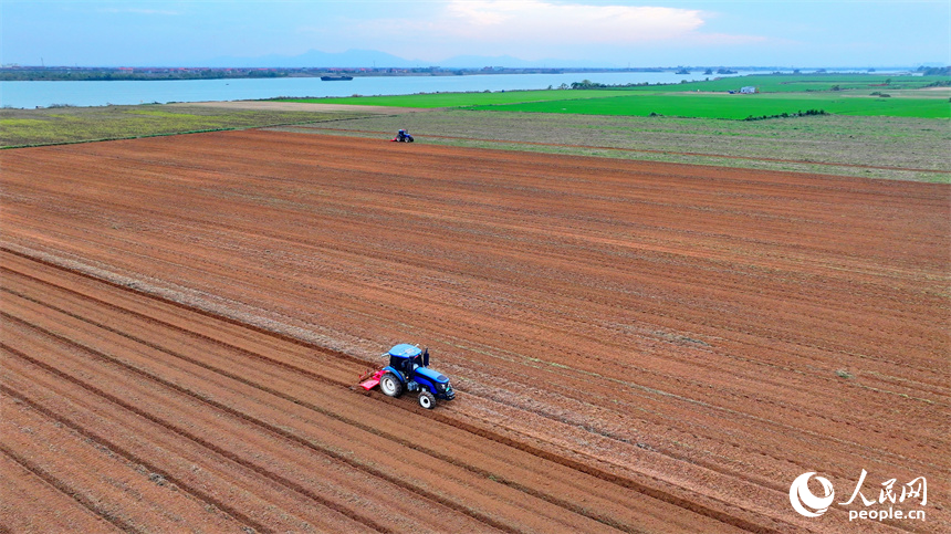 豐城市尚莊街道赤崗村村民在翻耕田地，拖拉機來回循環作業在大地上繪出漂亮的線條。人民網 朱海鵬攝