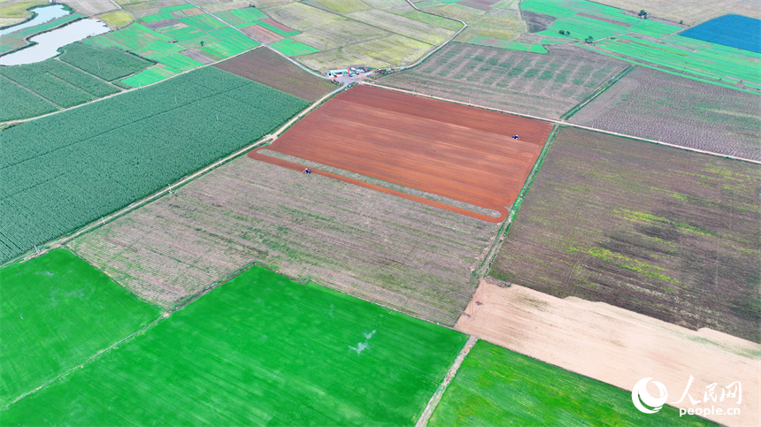 豐城市尚莊街道赤崗村村民在翻耕田地，拖拉機來回循環作業在大地上繪出漂亮的線條。人民網 朱海鵬攝