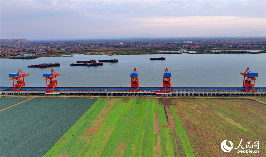 江西宜春港豐城港區尚莊貨運碼頭，電煤裝卸運送作業繁忙有序。人民網 朱海鵬攝