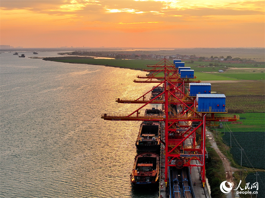 江西宜春港豐城港區尚莊貨運碼頭，電煤裝卸運送作業繁忙有序。人民網 朱海鵬攝