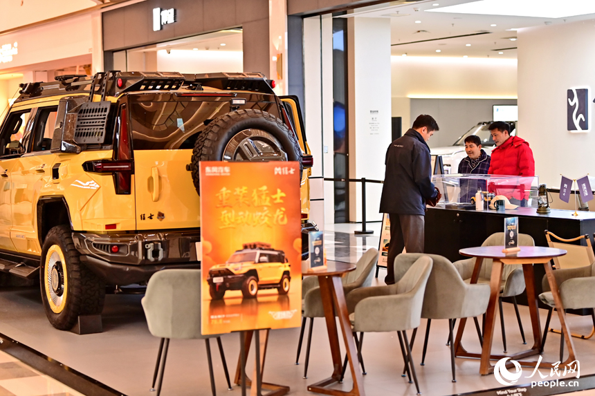 南昌市紅谷灘區的一家大型商場的汽車展示銷售區，不少顧客咨詢選購新能源汽車。人民網 朱海鵬攝