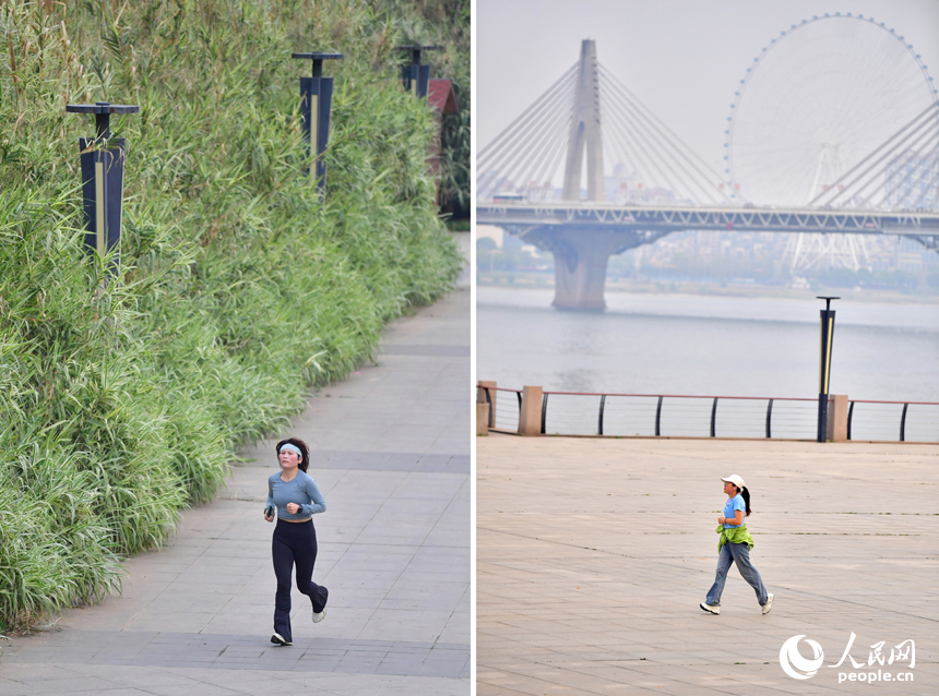 春日的清晨，市民在贛江邊跑步鍛煉（拼版圖片）。人民網記者 時雨攝