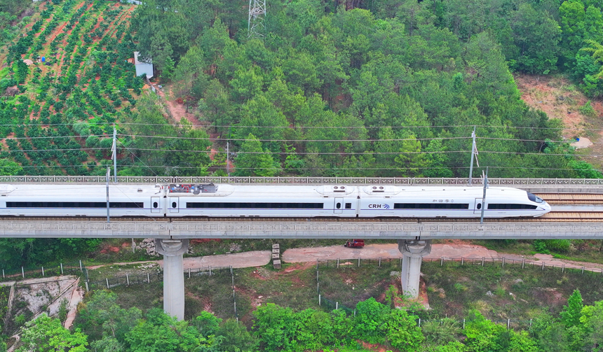 贛州市南康區龍嶺鎮境內，贛深高鐵列車往來疾馳。人民網 朱海鵬攝