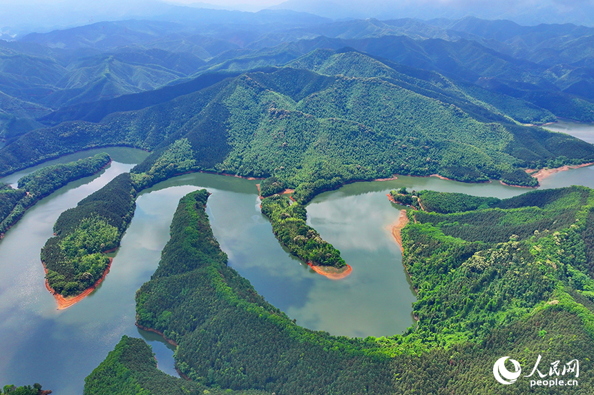 贛州市大余縣油羅口水庫周邊群山環抱，林木蔥郁。人民網 朱海鵬攝
