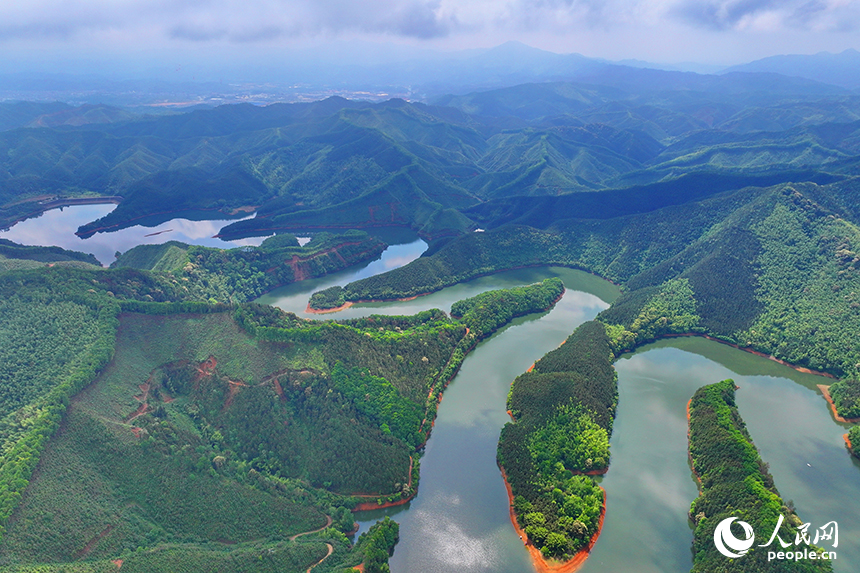 贛州市大余縣油羅口水庫周邊群山環抱，林木蔥郁。人民網 朱海鵬攝