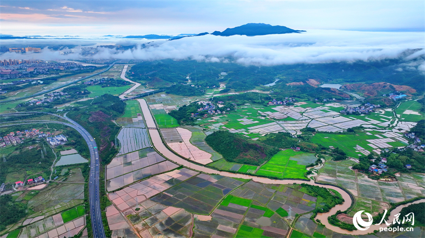 吉安市吉水縣文峰鎮葛山村，山巒起伏、水潤田疇、云霧繚繞，構成一幅初夏美麗鄉村田園圖景。人民網 朱海鵬攝