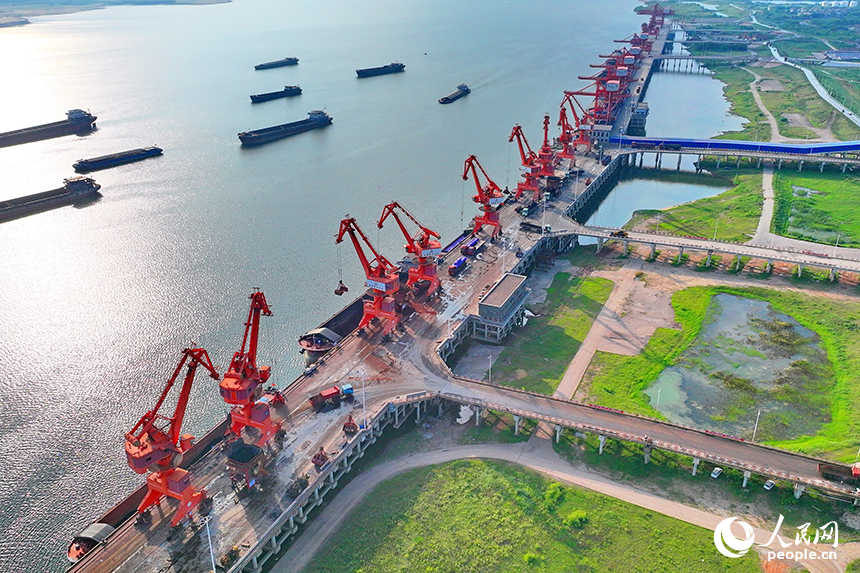 南昌市南昌縣富山鄉贛江河畔，姚灣綜合碼頭船來船往，裝卸運輸設備有序運轉，一派繁忙景象。人民網 朱海鵬攝