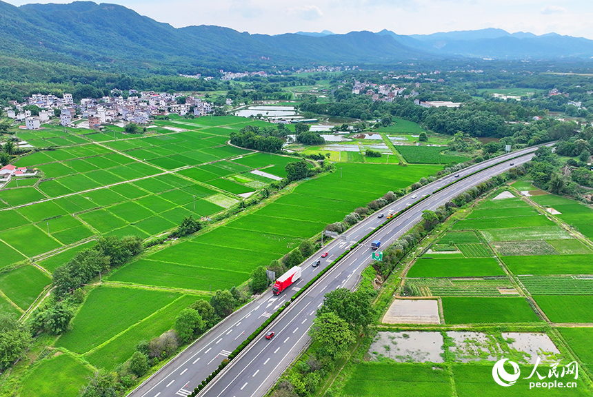 贛州市南康區龍回鎮龍東村，車輛在大廣高速公路上往來馳騁，沿線鄉村田園夏日美景怡人。人民網 朱海鵬攝