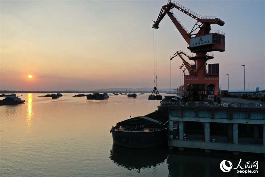 姚灣綜合碼頭上吊機正在裝卸貨船上的電煤。人民網記者 時雨攝