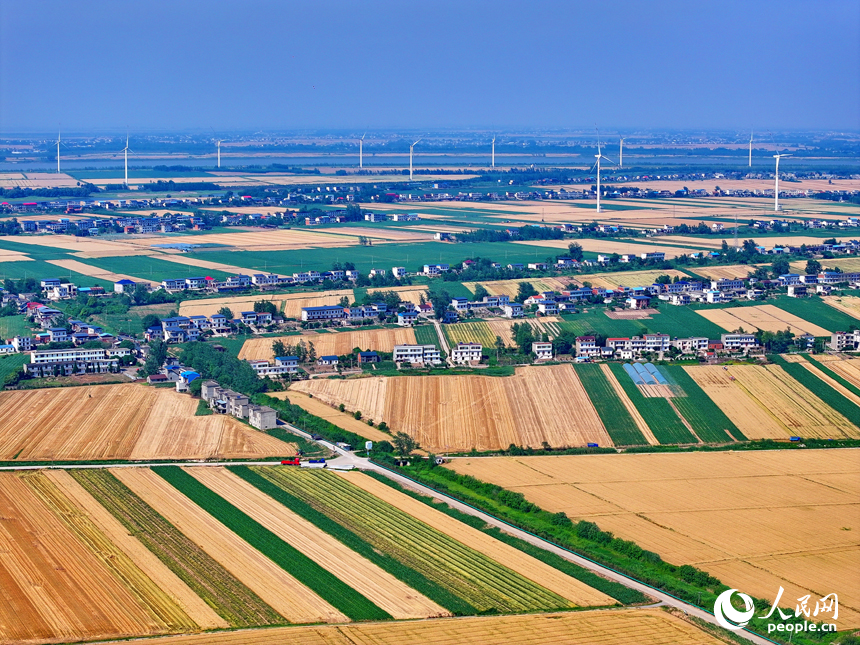 九江市柴桑區江洲鎮風光旖旎，風力發電機迎風運轉，源源不斷地輸出清潔電能。人民網 朱海鵬攝
