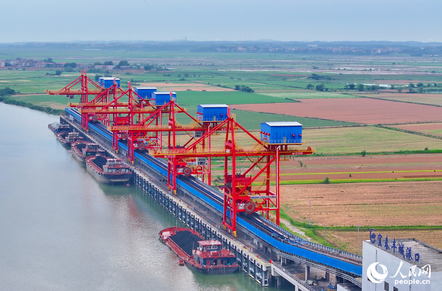 豐城港區尚莊貨運碼頭，橋吊起重機和傳輸帶將一船船電煤運往發電廠發電。人民網 朱海鵬攝