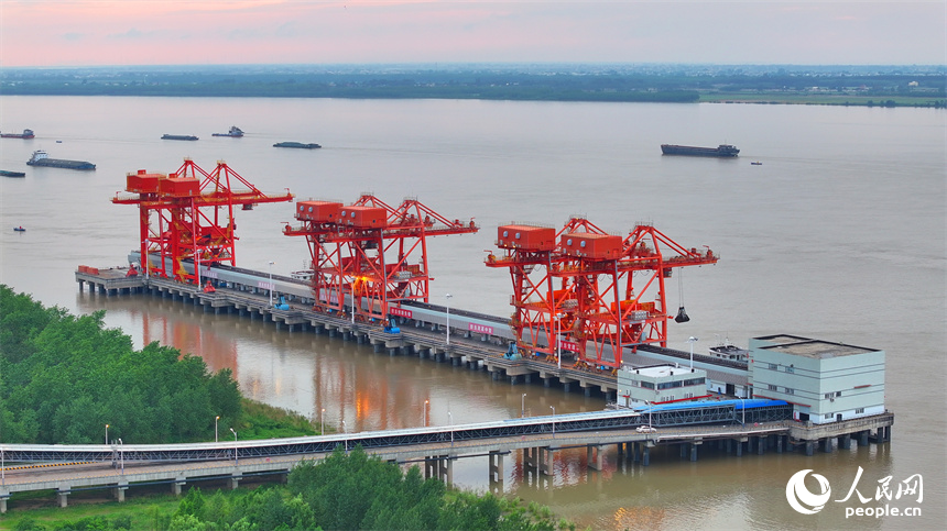 橋吊機臂林立，電煤卸船有序推進，一船船電煤經傳輸帶運至發電廠發電。人民網 朱海鵬攝