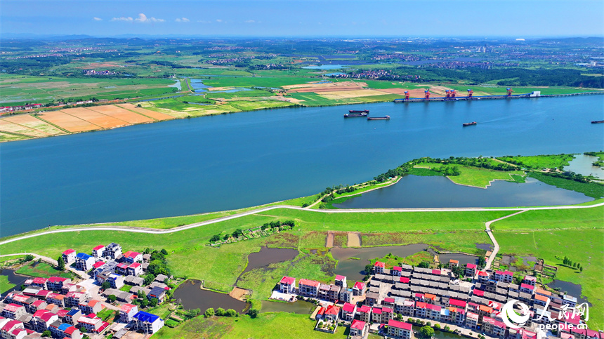 豐城市拖船鎮蛟湖村，錯落分布的房屋與河流、綠樹、農田相映成景。人民網 朱海鵬攝